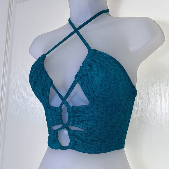 XS Teal Blue Green Lace Up Open‎ Front Backless Halter Crop Tank Top - Picture 3 of 4